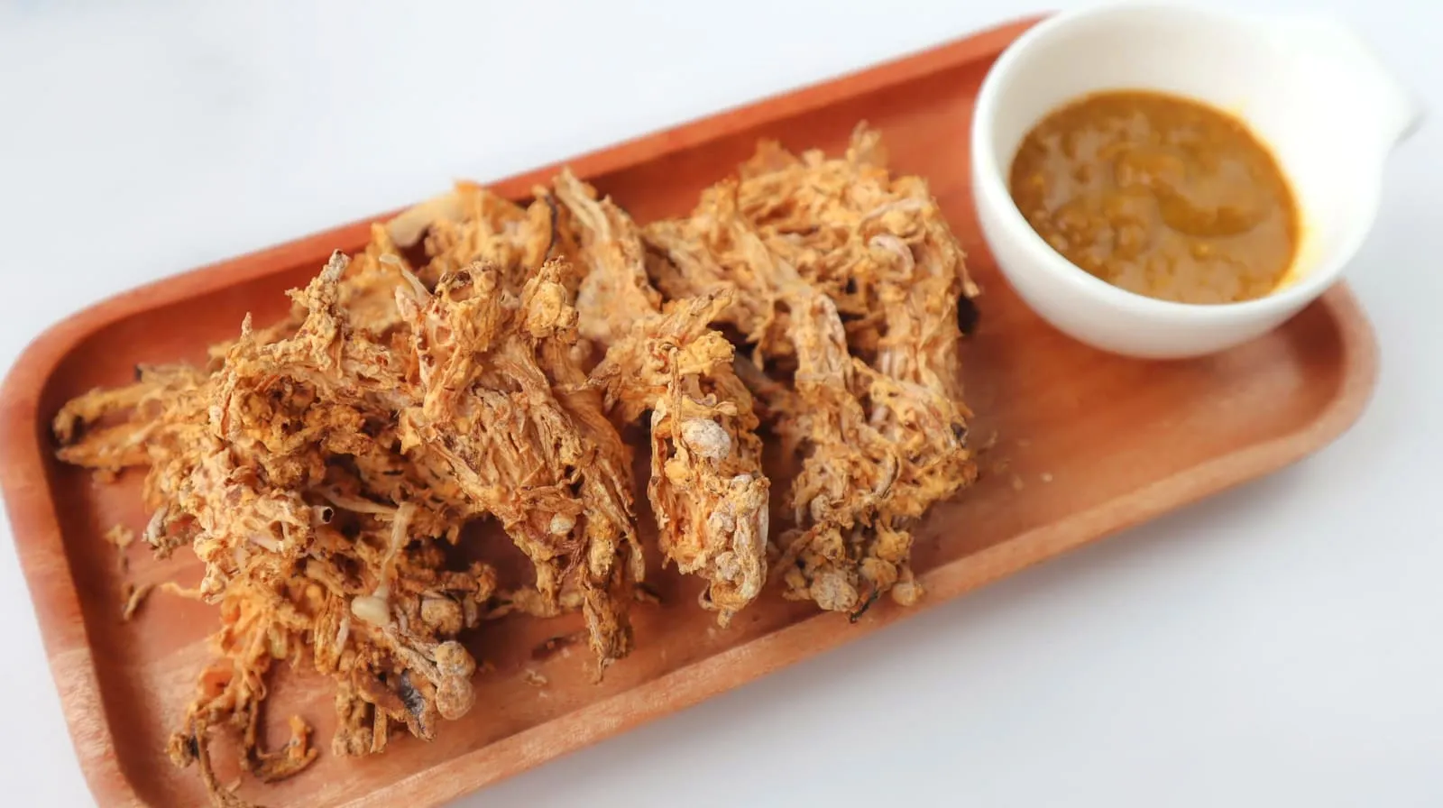 Air-fried crispy enoki mushrooms with miso curry sauce